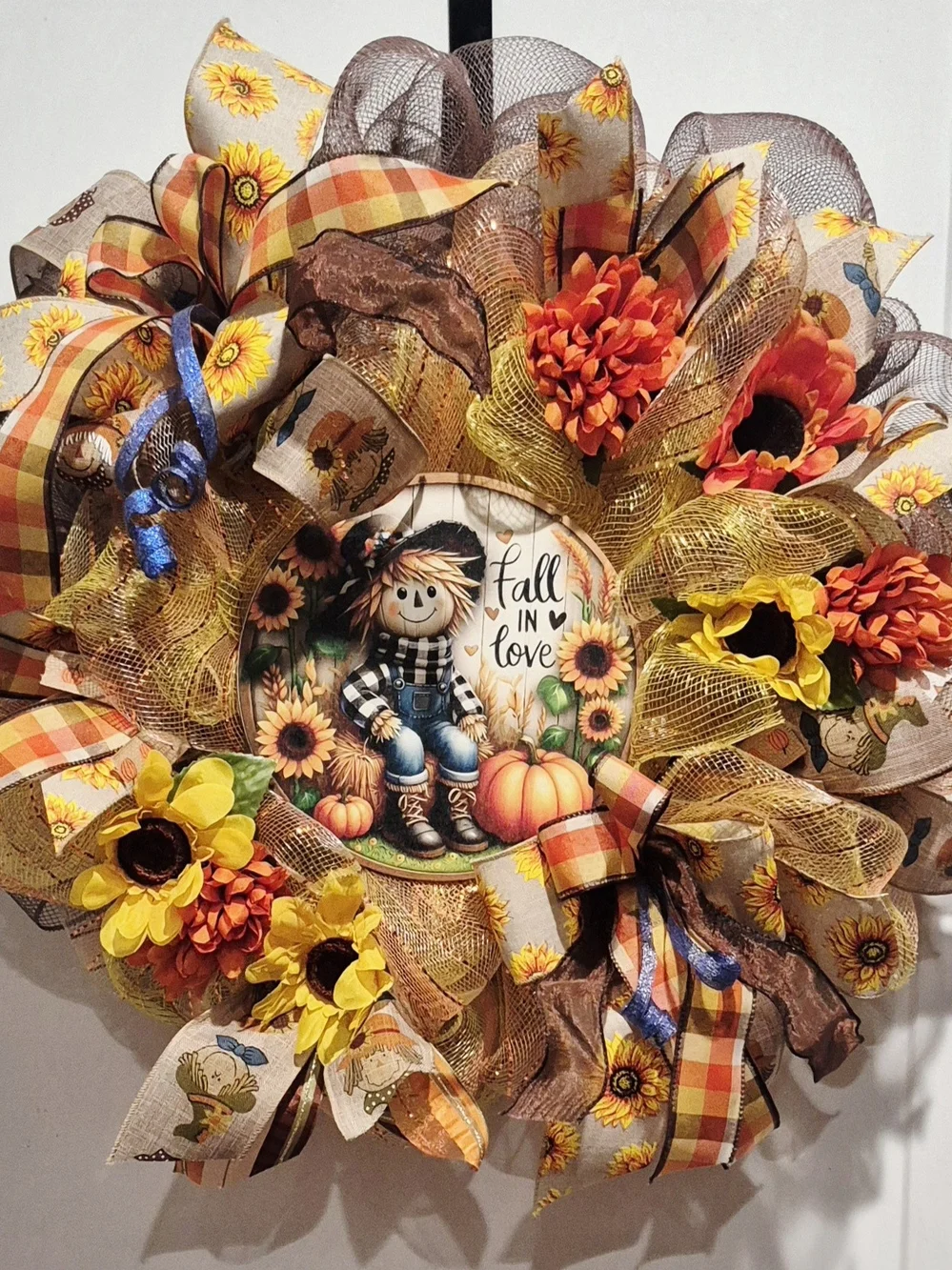 Fall In Love Sunflower Scarecrow Wreath - Yellow Orange Brown